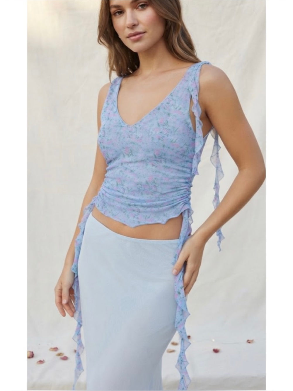Lush Mesh Ditsy Floral Ruched Tank Top Ruffled